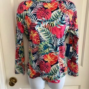 NWT Caribbean Joe Tropical Leaf Print Swim Shirt, Long Sleeve, Small